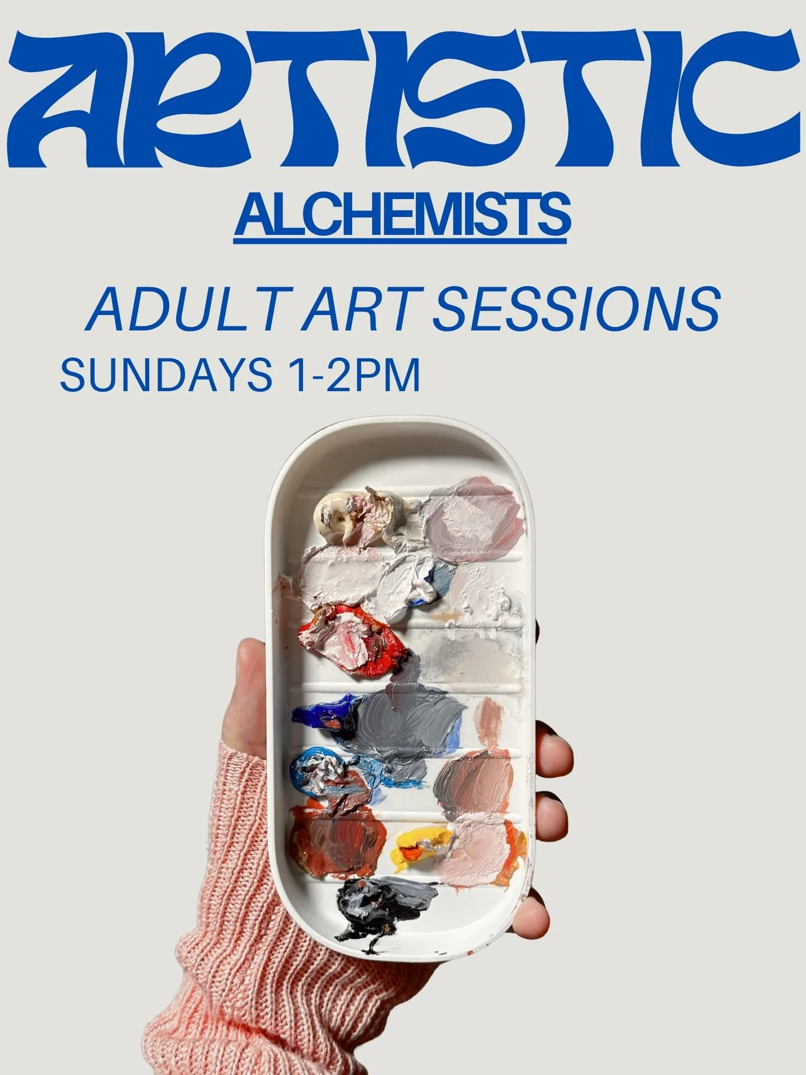 Poster advertising 'Artistic Alchemists,' a mixed media workshop series for adults of all ages, held on Saturdays from 11 AM to 12 PM, 8-week session, at the gardenartscenter.com. The background is olive green with a stylized orange branch and a light pink flower.
