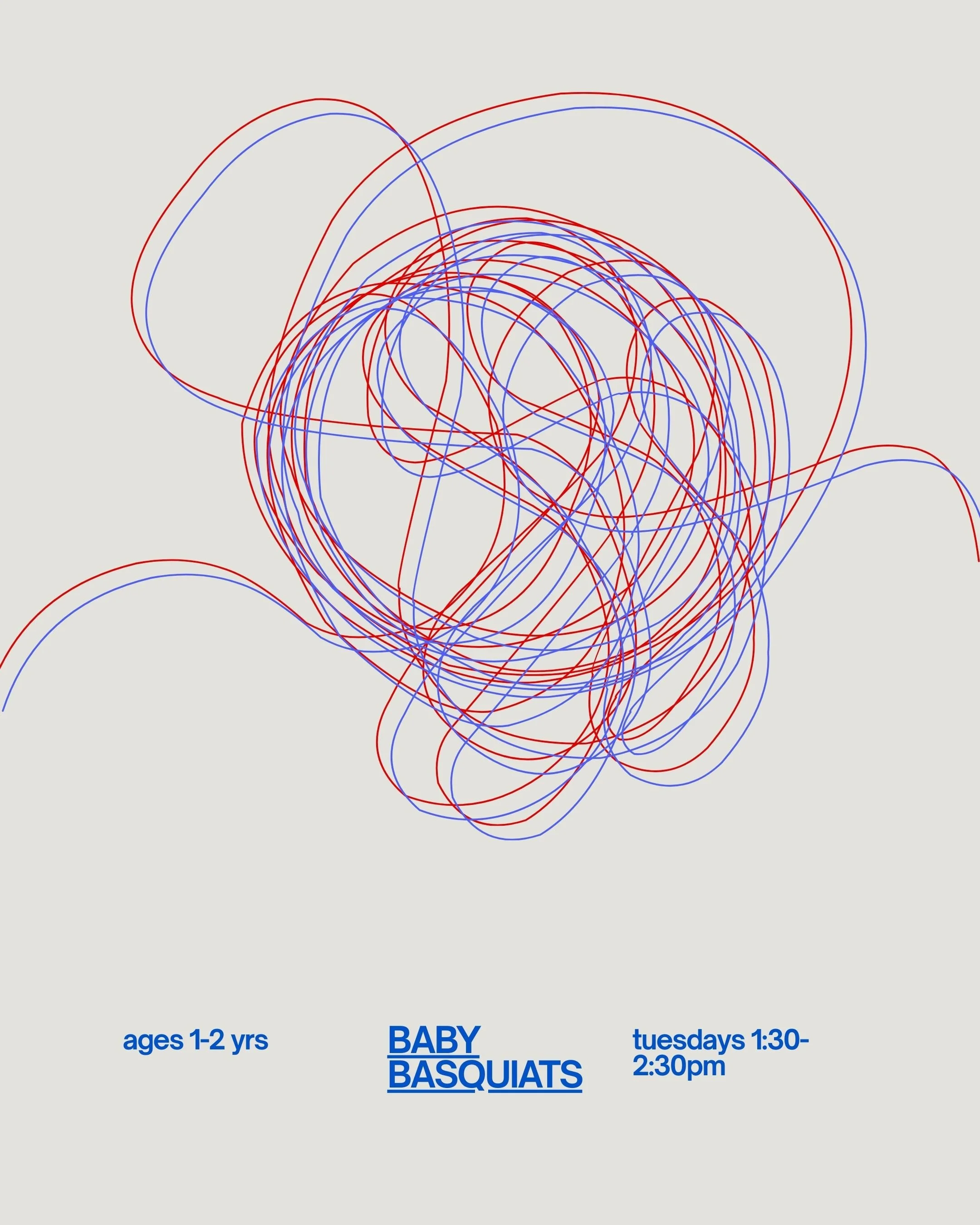 Flyer for a Baby Basquats class with an artistic floral background. It promotes a mix media workshop for children ages 1-2 years, scheduled on Tuesdays and Saturdays from 10:00 to 10:30 am.