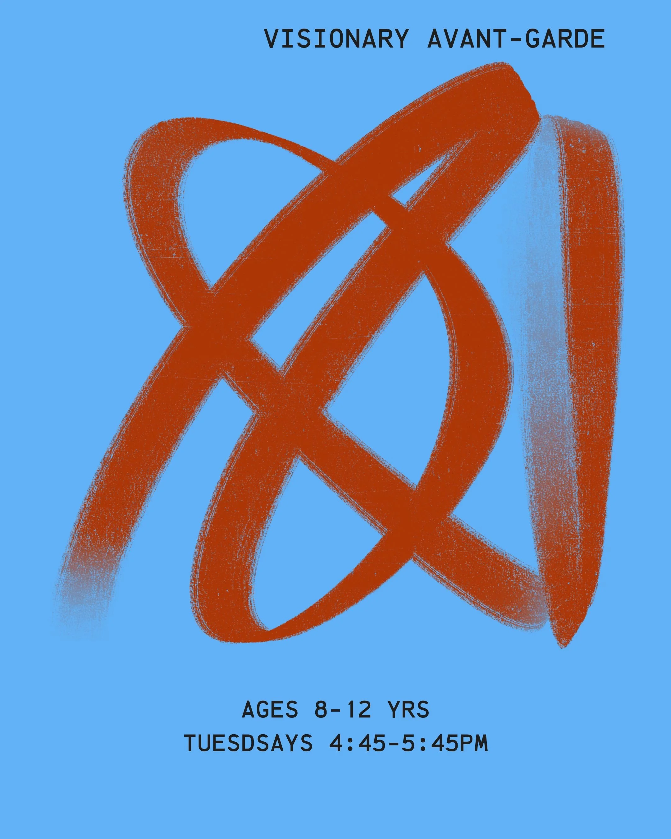 Pink background poster with blue abstract flower illustrations promoting a Visionary Avant-Garde mixed media workshop class for children ages 8 to 12, held Wednesdays from 5:45 to 6:45 PM during an 8-week session at thegardenartscenter.com.