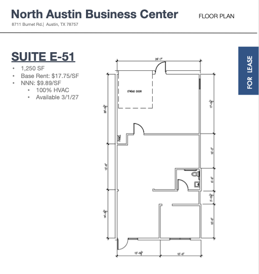 Floor plan for Suite E-51 at North Austin Business Center, 8711 Burnet Rd., Austin, TX 78757, showing room layout, dimensions, and door locations, with a for lease banner on the right.