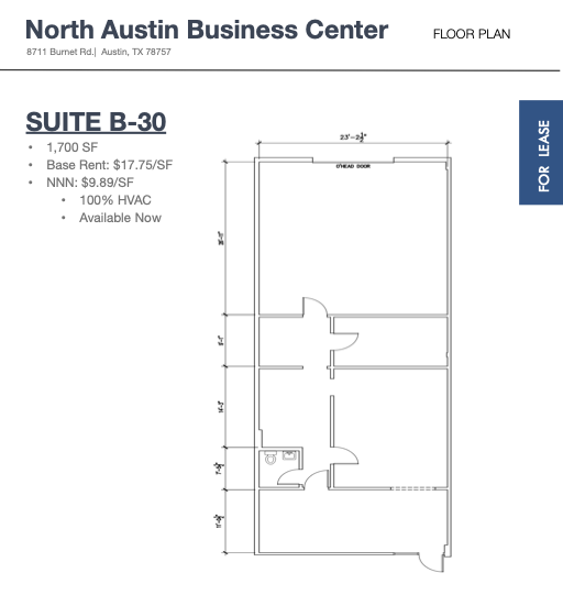 Floor plan of Suite B-30 at North Austin Business Center, showing room layout, dimensions, and entry door.