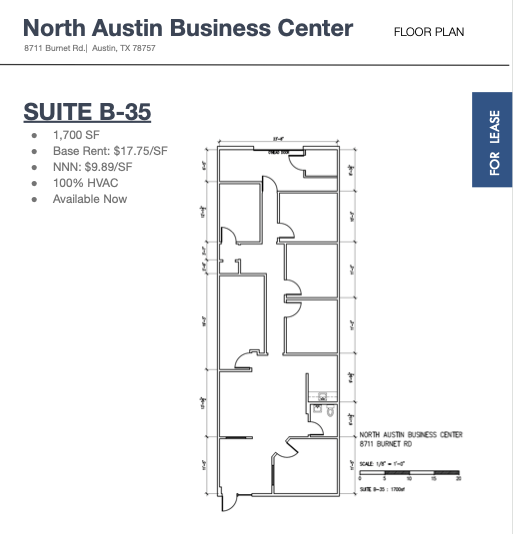 Floor plan of Suite B-35 at North Austin Business Center, showing room layout and measurements.