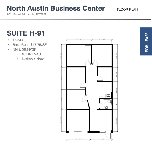Floor plan for Suite H-91 at North Austin Business Center, featuring a layout with multiple rooms, a bathroom, and various measurements, open for lease.