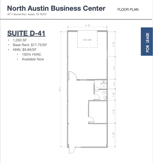 Floor plan for Suite D-40 at North Austin Business Center, showing dimensions, layout, and details of a commercial space for lease.