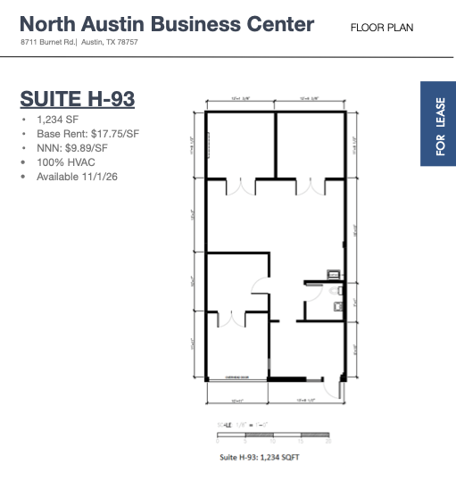 Floor plan for Suite H-93 at North Austin Business Center, showing layout with multiple rooms, bathrooms, and door placements. Dimensions and other details provided.