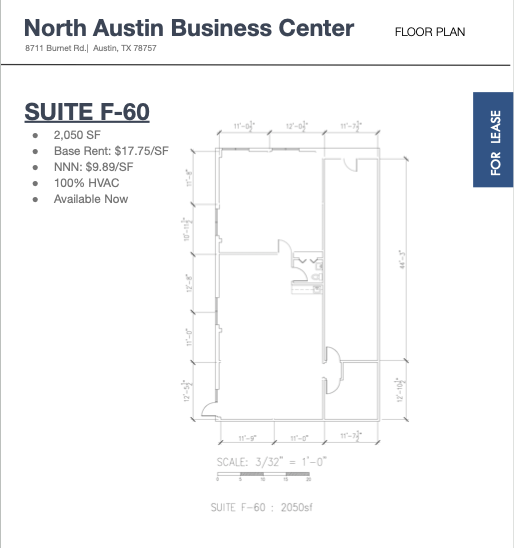 Floor plan for suite F-60 at North Austin Business Center, 8711 Burnet Rd, Austin, TX 78757. The plan shows the layout with dimensions, depiction of rooms, and a bathroom. Also includes details about size (2,050 SF), base rent ($19.00/SF), NNN ($9.89/SF), HVAC, and availability status.