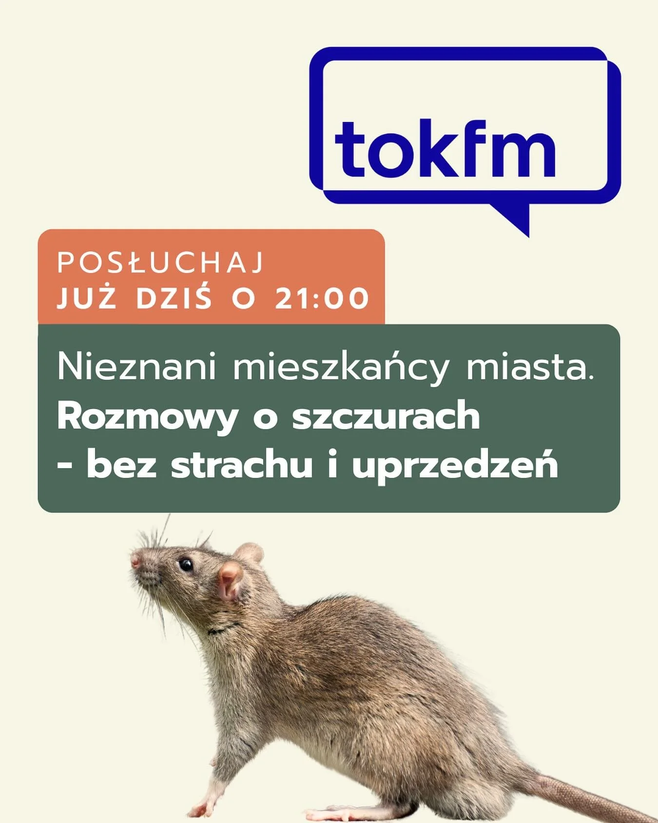 📻 Dziś o 21:00 w @radiotokfm w audycji &bdquo;Zielono mi&rdquo; red. Ewy Podolskiej będzie o szczurach - bez strachu i uprzedzeń.

Zapraszamy na rozmowę o nieznanych mieszkańcach naszych miast 🐀

Z perspektywy społecznej, prawnej i środowiskowej op
