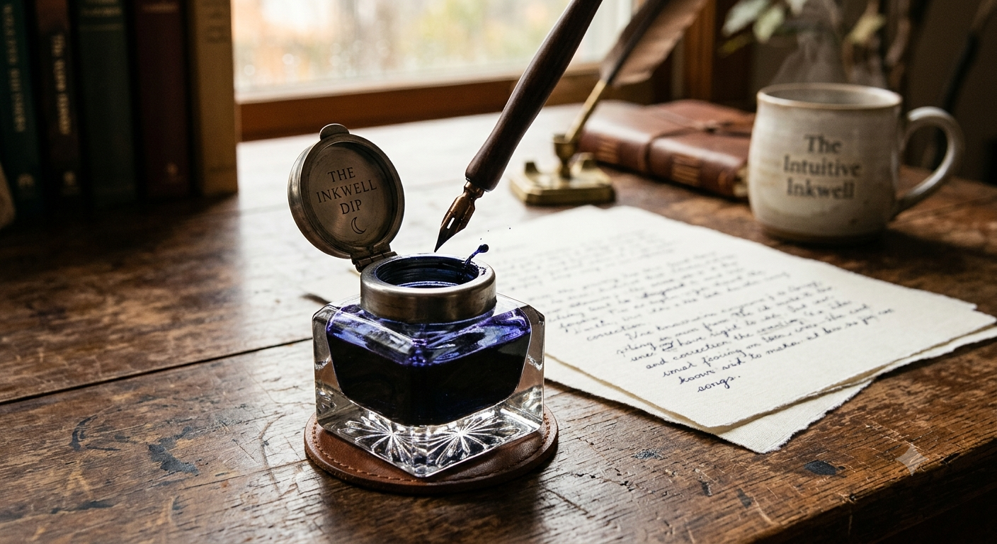An open glass inkwell with deep indigo ink and a wooden dip pen on a rustic desk next to manuscript pages, representing The Inkwell Dip sample edit by The Intuitive Editor.