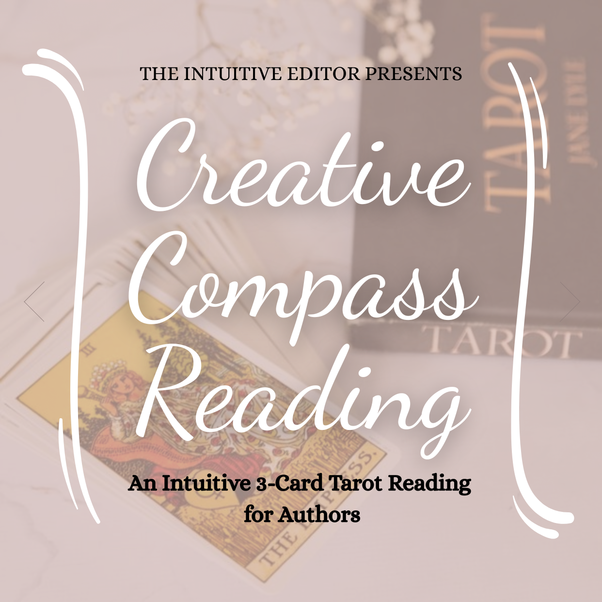The Empress tarot card face up on a white marble table next to a book on tarot, representing creative growth and intuitive guidance for authors.