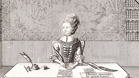 Light bulb meditation for writer's block and divine inspiration. 18th century engraving with a woman writing with a lightbulb lighting up above her head.