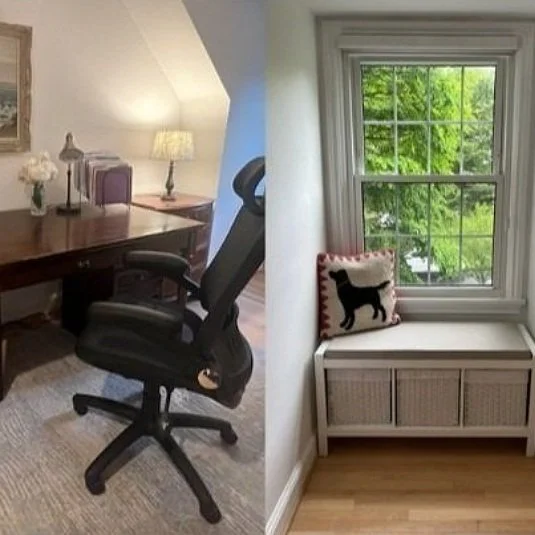 Side-by-side interior images; left shows a home office with a desk, chair, lamp, and decor; right displays a window seat with a pillow and storage baskets below, facing a window with a view of green trees.