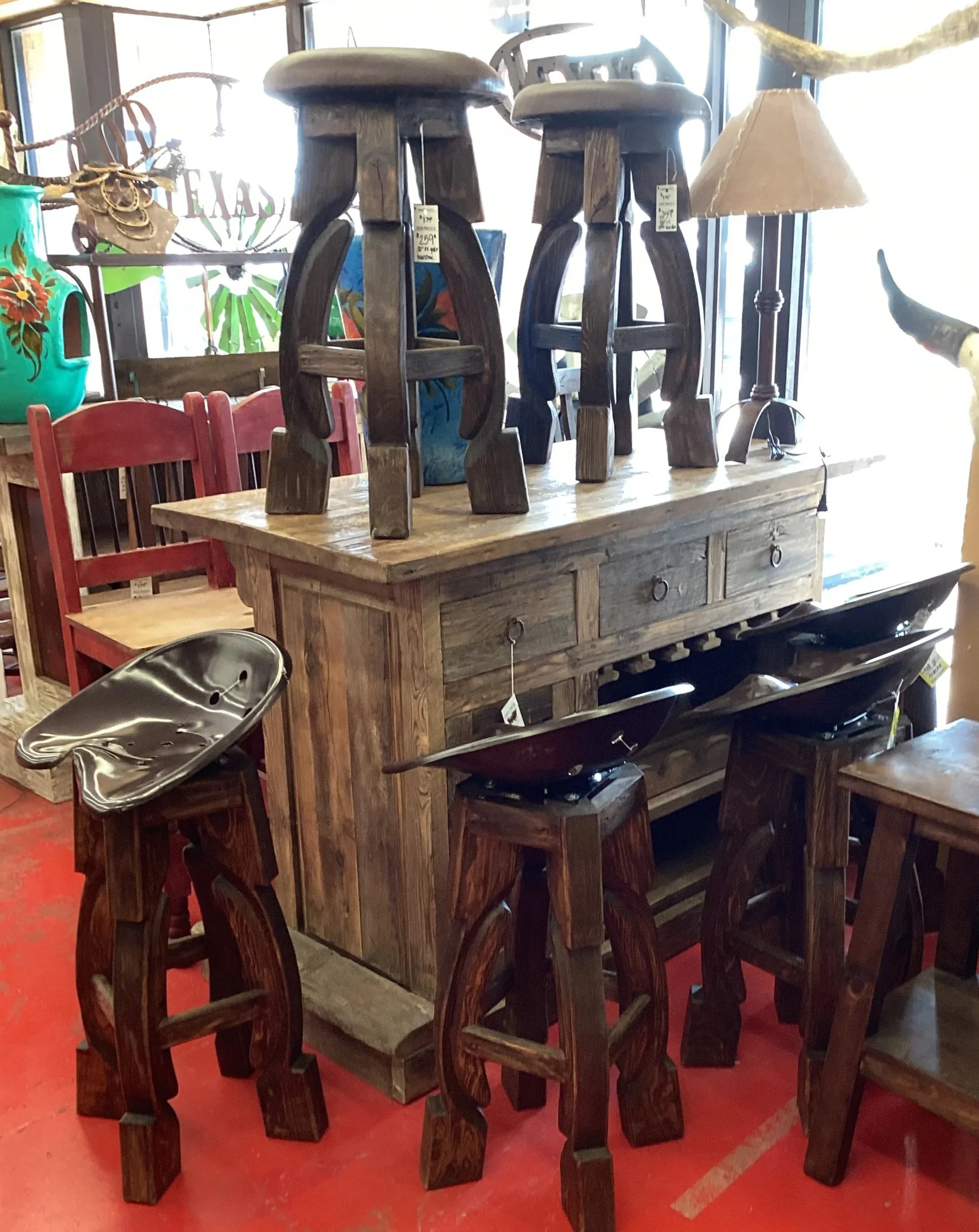 Corral Wood Bar with Saddle Bar Stools