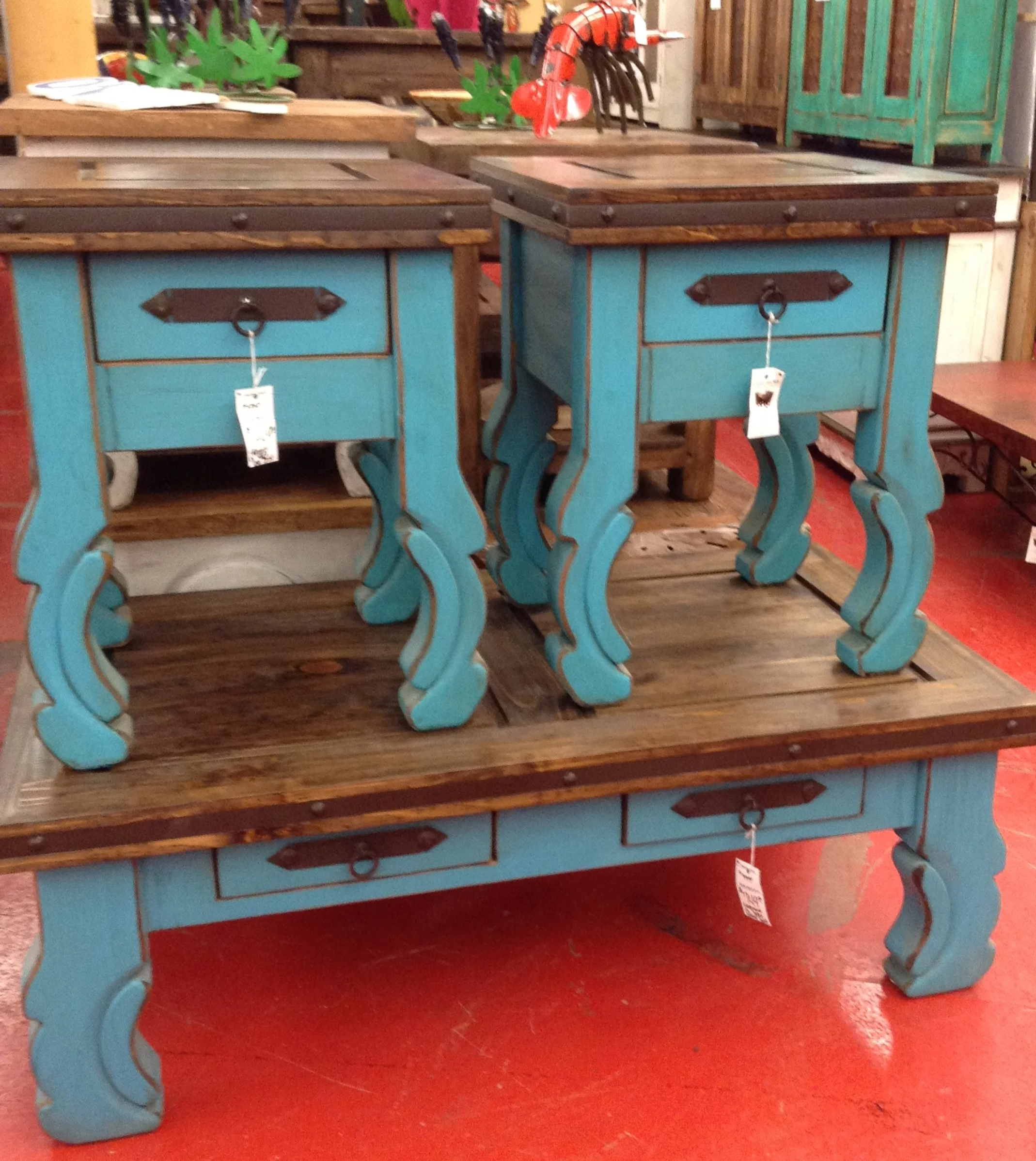 Turn-Leg Turquoise Coffee Table and End Tables