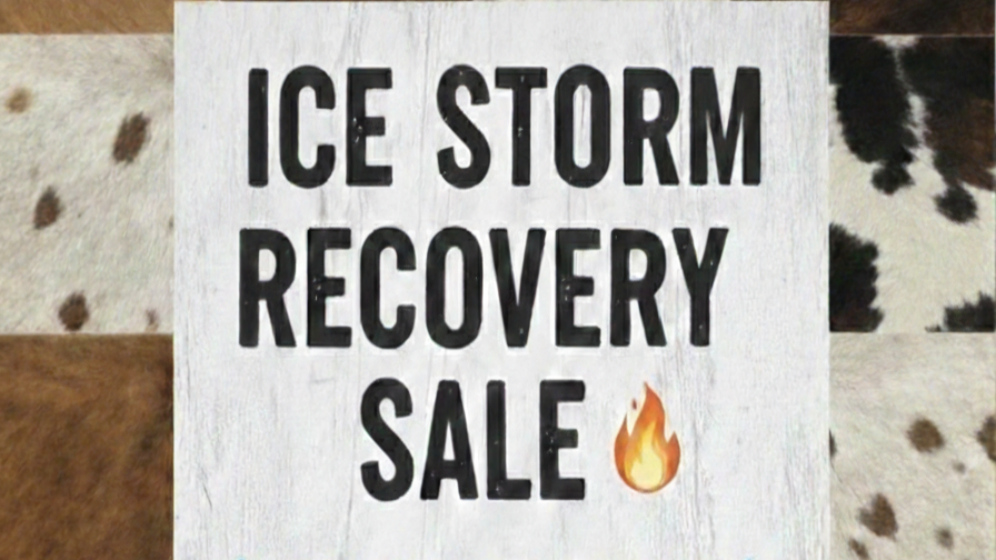 Sign advertising an ice storm recovery sale with a flame emoji on a textured background.