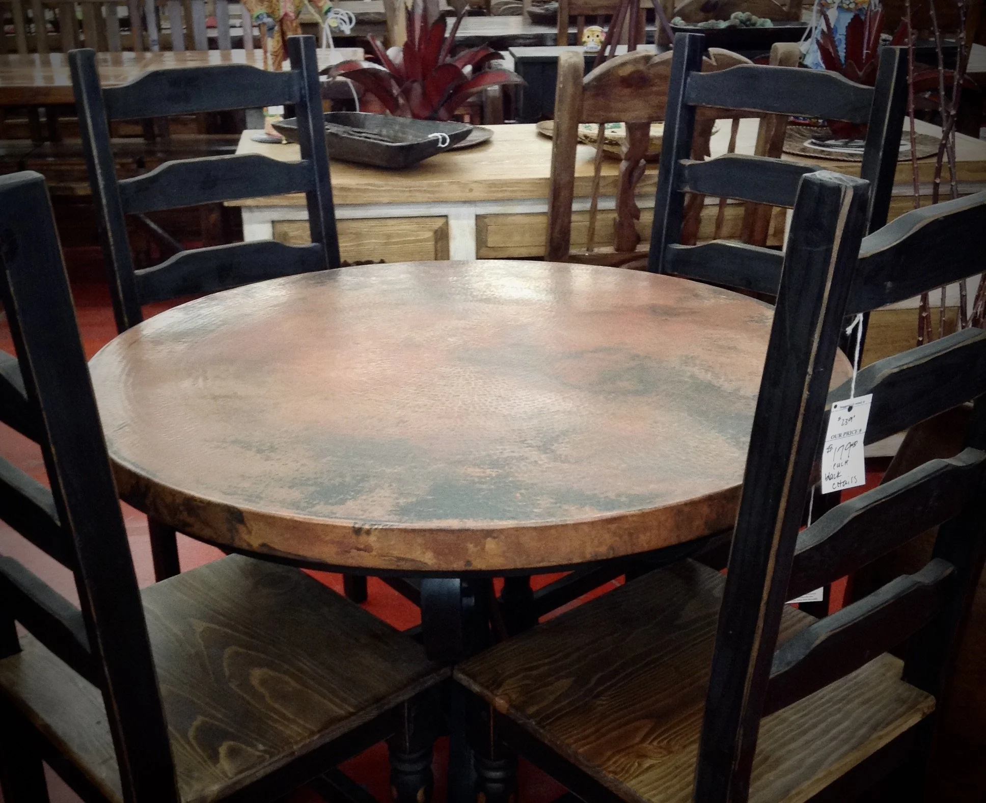 4'  Round Copper Table with Black Wash Chairs