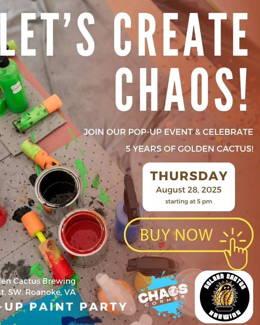 🎉 Tomorrow is the day! 🎉
@goldencactusbrewing  is turning 5 years old, and @chaoscornerva  is rolling in with our mobile paint splatter zone to make it a celebration you&rsquo;ll never forget. 🎨💥
🍻 Brewery opens at 3PM
🎨 Paint Splatter Sessions