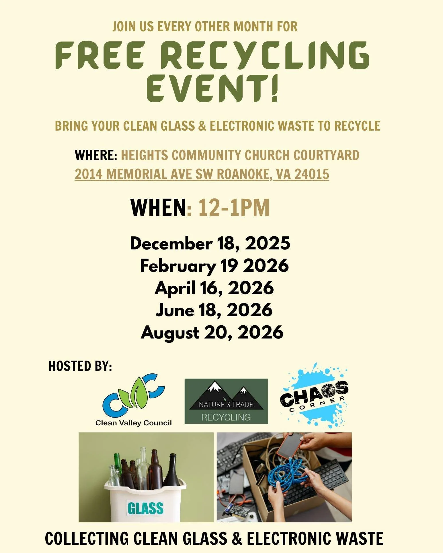 Empowering Our Community to Recycle!

We've partnered with two incredible organizations, the @cleanvalleycouncil and @Nature's Trade Recycling, to offer FREE glass and e-waste recycling every other month! 

This partnership is all about pooling our s