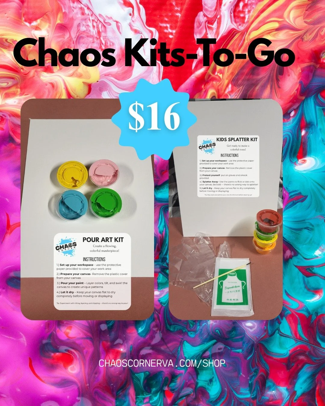‼️⚠️ Chaos Kits-To-Go are officially HERE!

Each kit comes with everything you need &mdash; just pick up, create, and let the color fly! 🌈

✨ Great for:
&bull; Stocking stuffers
&bull; Secret Santa exchanges
&bull; Family holiday activities
&bull; G