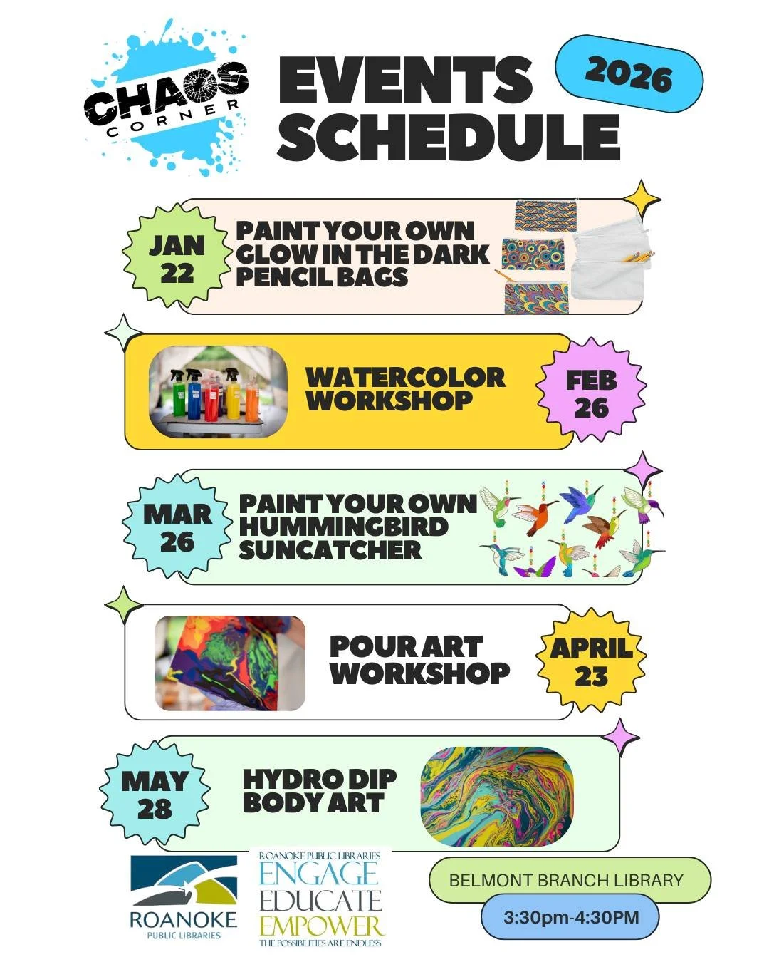 We&rsquo;re partnering with the @roanokepubliclibraries  for a creative program series 🎨

Each session is a relaxed, hands-on activity focused on creative expression, not perfection. No experience needed&mdash;just come ready to make something fun.

