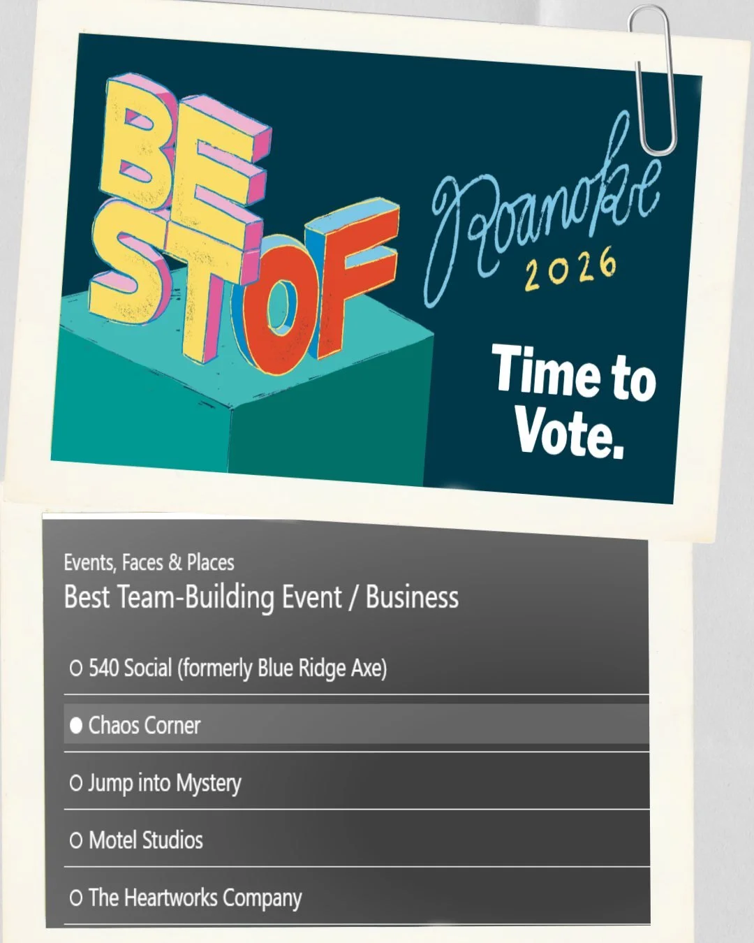 We&rsquo;re feeling the love, Roanoke 🩵

We&rsquo;re incredibly grateful to everyone who took the time to vote and support Chaos Corner&mdash;we&rsquo;ve officially made it to the final round of @roanokermag  Best of Roanoke for Best Team-Building B