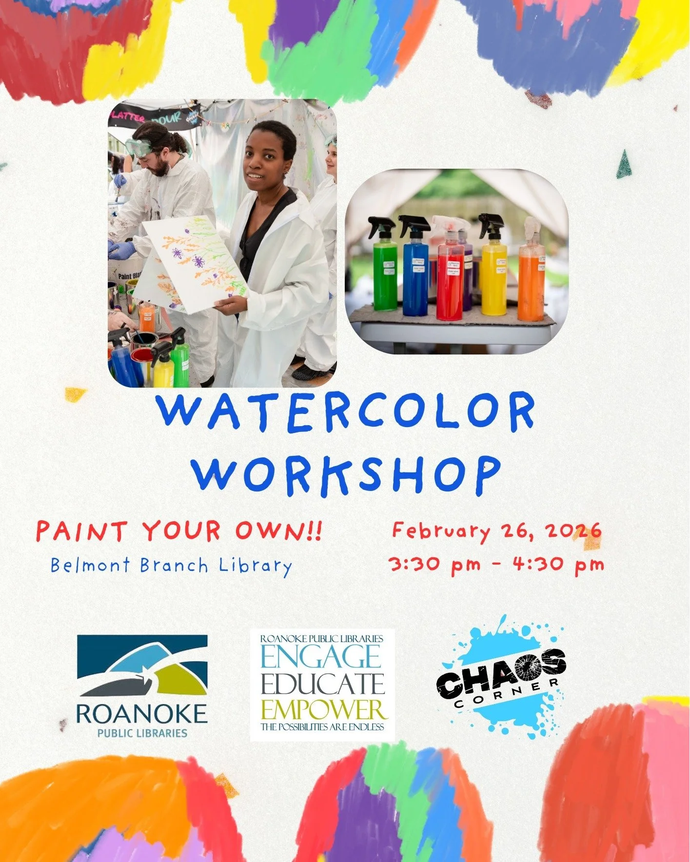 🎨 Library Event Reminder!

Join us at the Belmont Branch Library with @roanokepubliclibraries  this Thursday, February 26 from 3:30&ndash;4:30 PM for our watercolor painting workshop.

Open to the public and geared toward upper elementary and middle