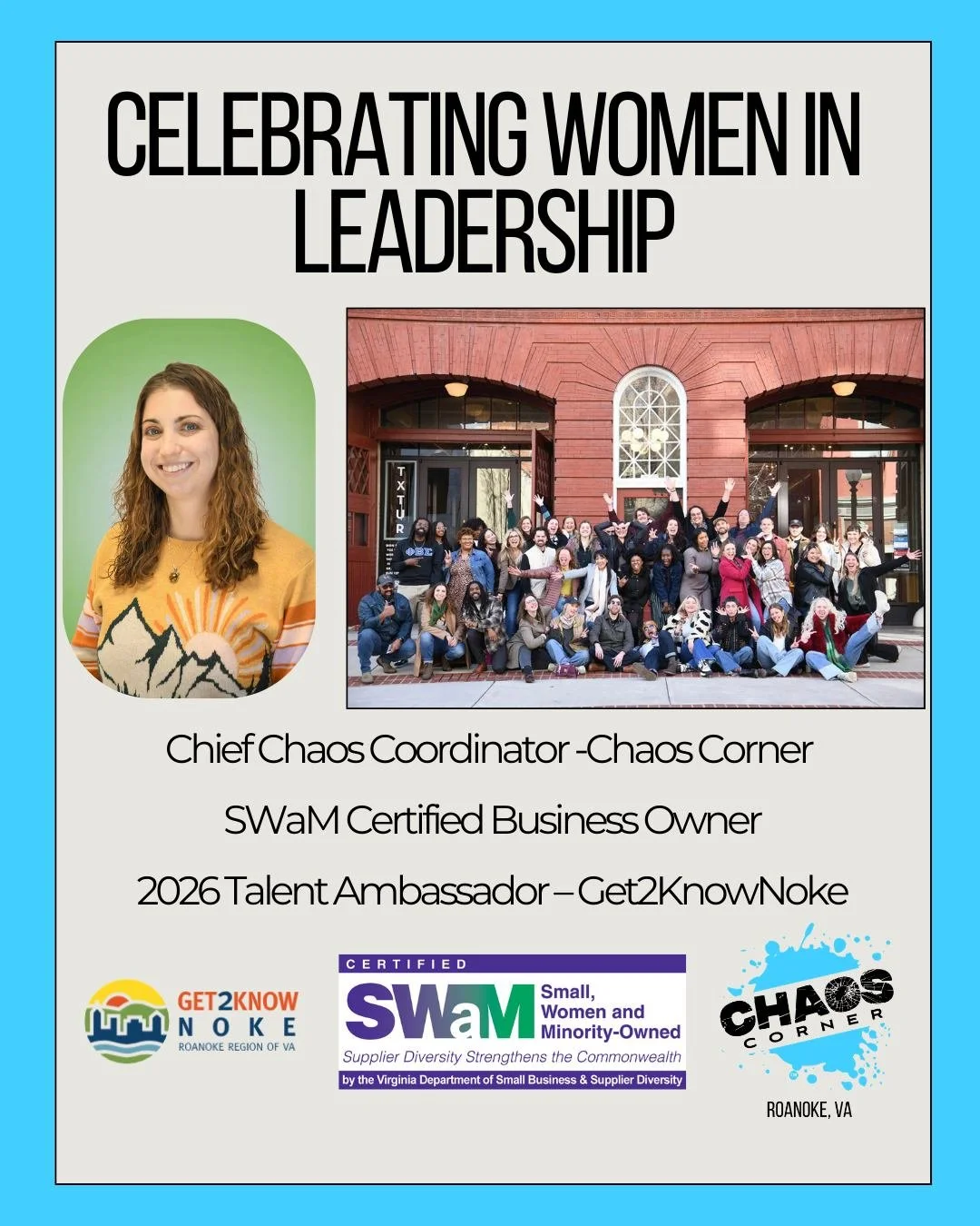 In honor of Women&rsquo;s History Month, we&rsquo;re celebrating the leadership behind Chaos Corner. 

Our Chief Chaos Coordinator has helped guide the business to become SWaM certified and is proud to serve this year as a Talent Ambassador with @get