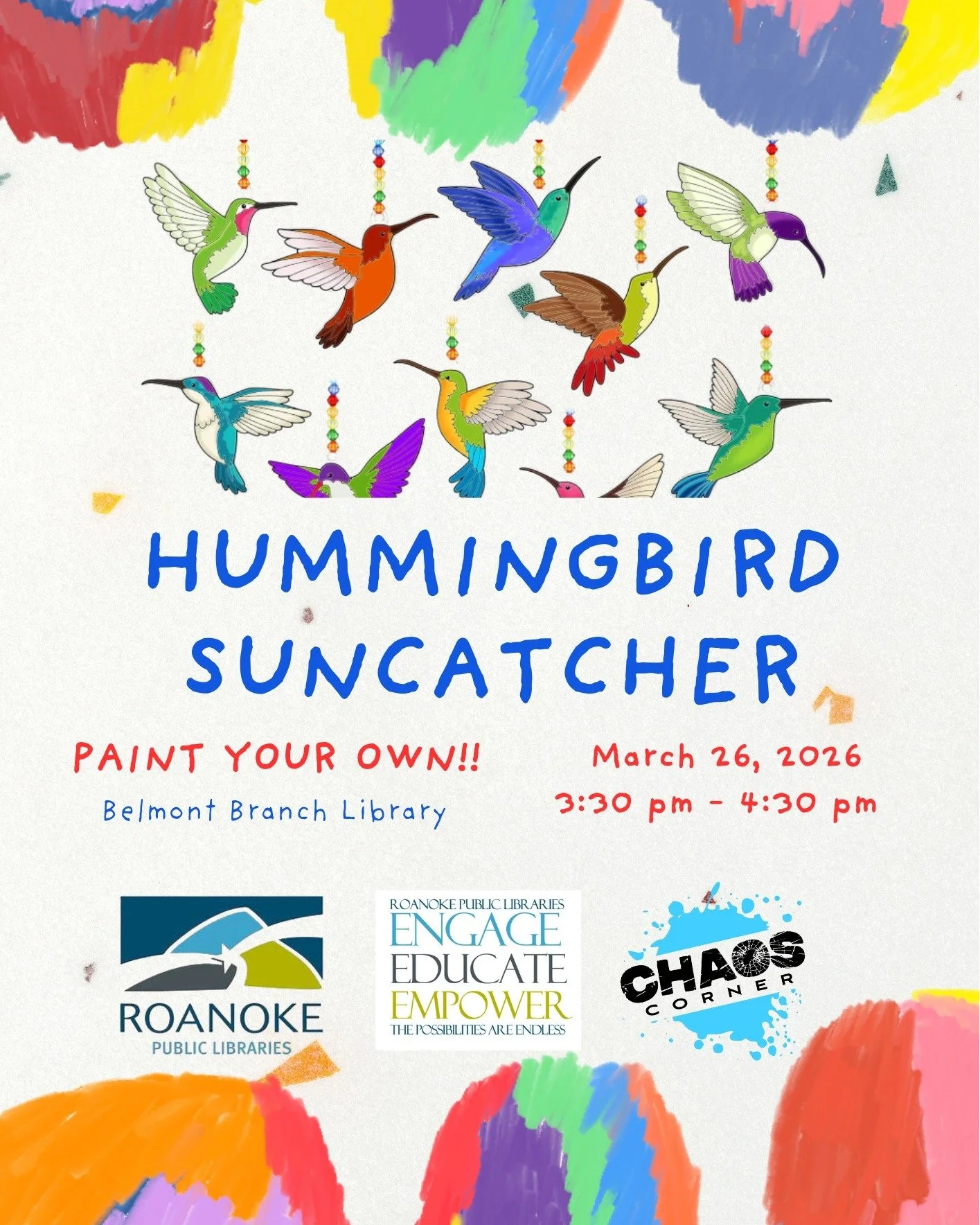 Spring is calling for sunshine and color ☀️🎨

Join us at the Belmont Branch Library on Thursday, March 26 from 3:30&ndash;4:30 PM to paint your own suncatcher.

Open to the public and geared toward upper elementary and middle school&ndash;aged youth