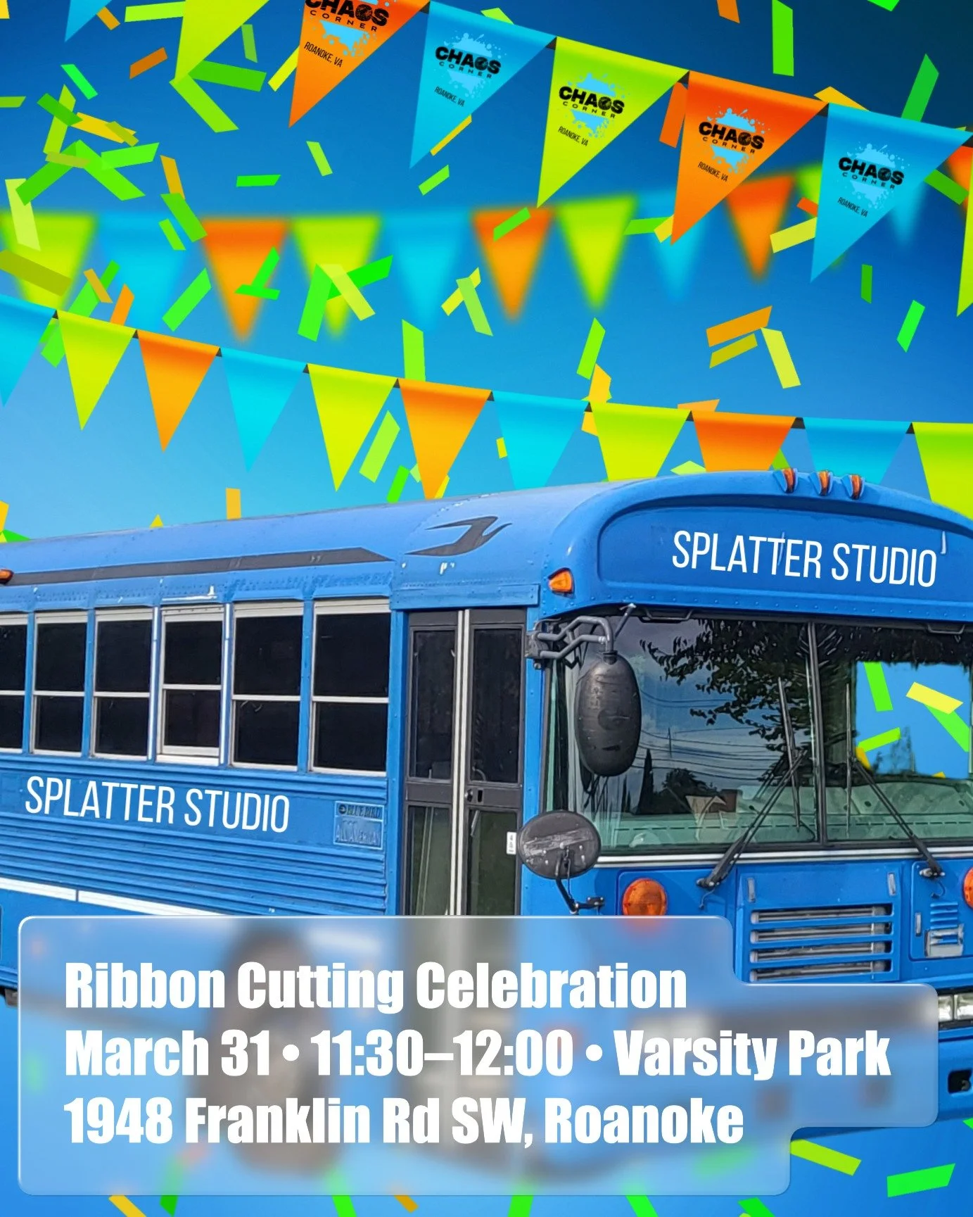 🎀 Today&rsquo;s the day!

Join us from 11:30am&ndash;12:00pm at Varsity Park (1948 Franklin Rd SW) as we celebrate Chaos Corner&rsquo;s ribbon cutting with the @roanokechamber .

Stop by, take a peek inside the bus, and help us kick off this next ch