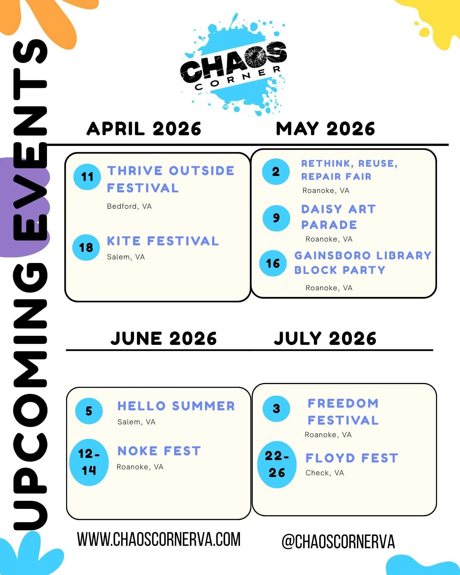 We&rsquo;re kicking off a busy season of spring and summer events! 

Here&rsquo;s where you can find Chaos Corner April through July. Our hydro dip body art will be featured at many stops along the way.

📍 April highlights:
&bull; April 11 &ndash; T