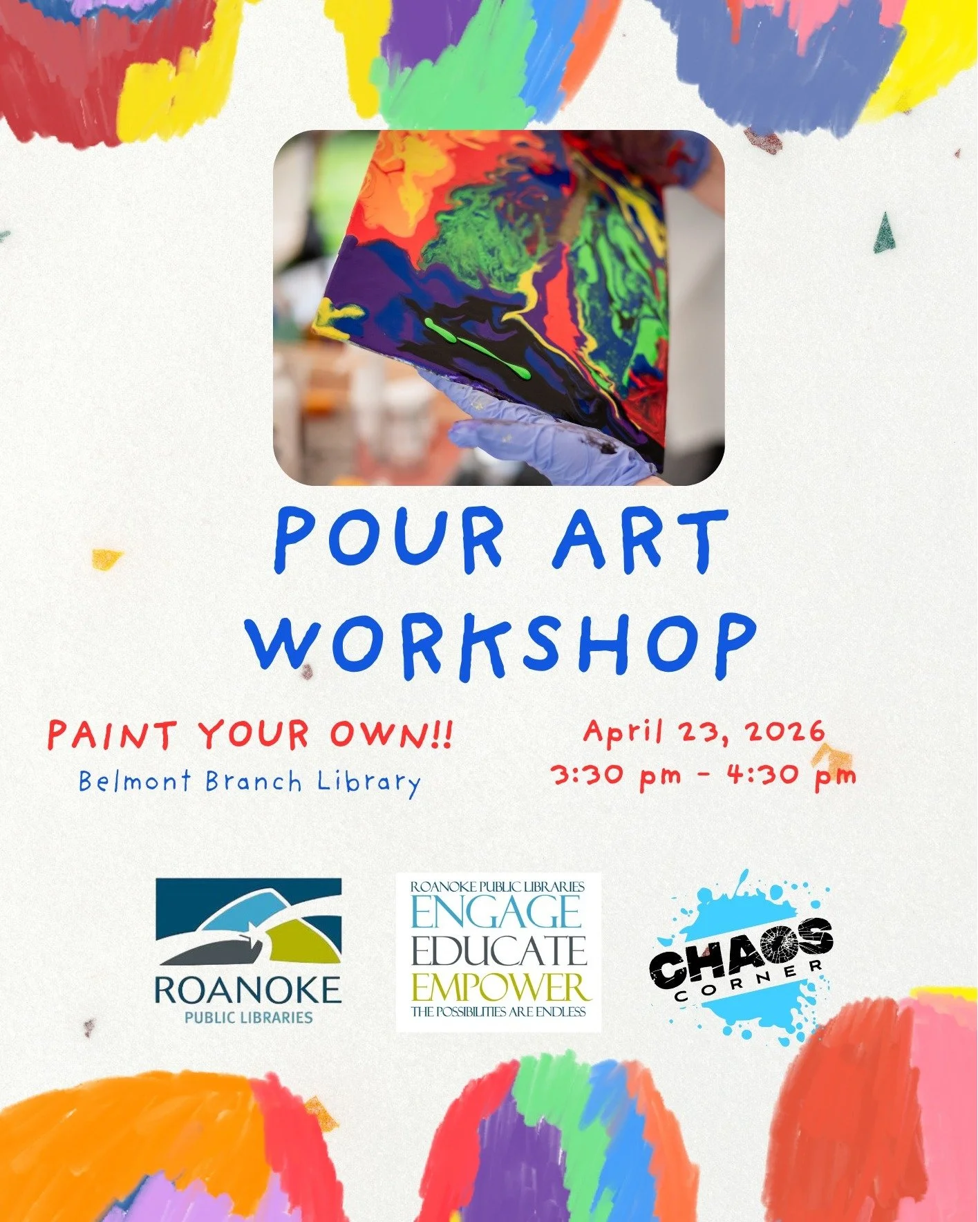 🎨 Pour Art at the Belmont Branch Library this month!

Join us for a pour art workshop on Thursday April 23rd  from 3:30&ndash;4:30 PM at the Belmont Branch Library with @roanokepubliclibraries 

These workshops are free, open to the public and desig
