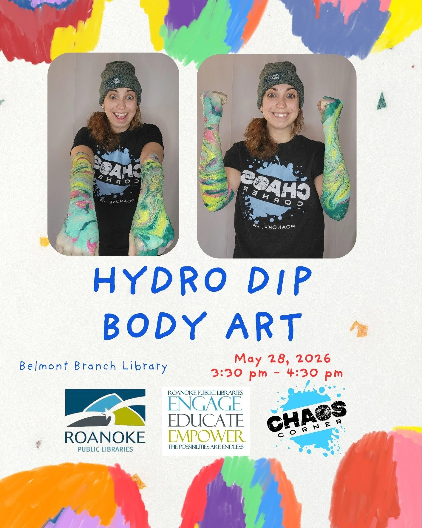 🎨 Our final library event of the season is here! 💧

We&rsquo;ll be at the Belmont Branch Library on Thursday, May 28 with hydro dip body art to celebrate the end of the school year and the start of a long weekend 🎉

Come get dipped and end the sea