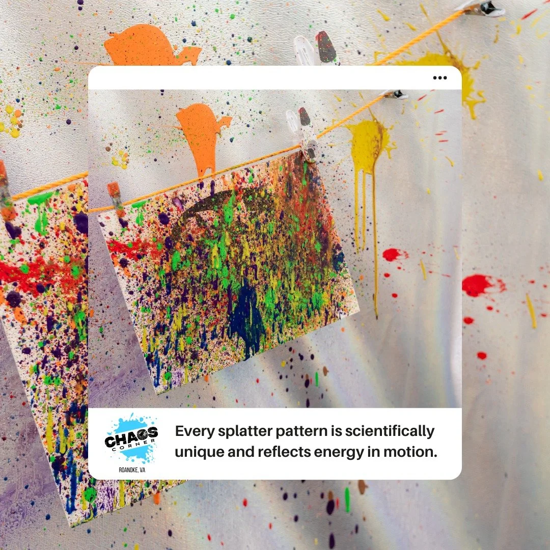 The coolest part about splatter art? 

You can never recreate the exact same pattern twice.

#ChaosCornerVA #ScienceMeetsArt #CreativeExperiences #RoanokeVA