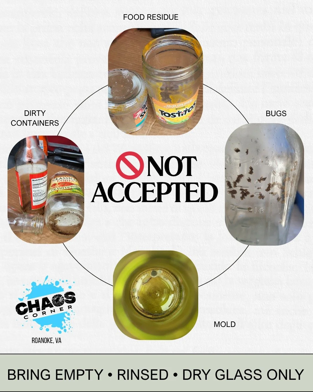 ♻️ Glass Recycling Reminder | June 18 | 12&ndash;1 PM ♻️ @cleanvalleycouncil &amp; @nt_recycling 

We cannot accept items containing mold, insects, excessive food residue, or other contaminants.

A quick rinse or two goes a long way!

Please help us 