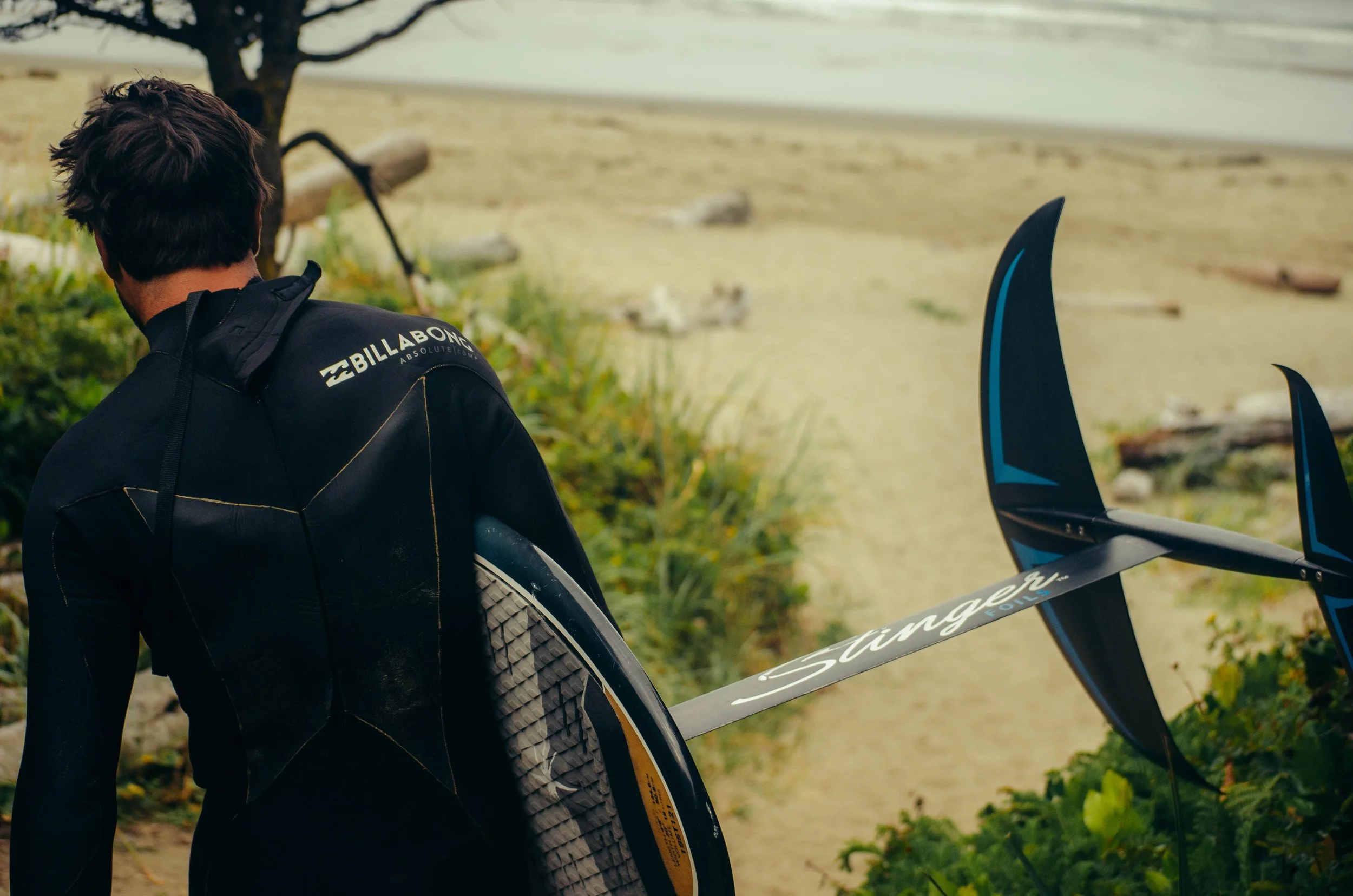 Person carrying a surfboard near a beach, with trees and sand in the background.