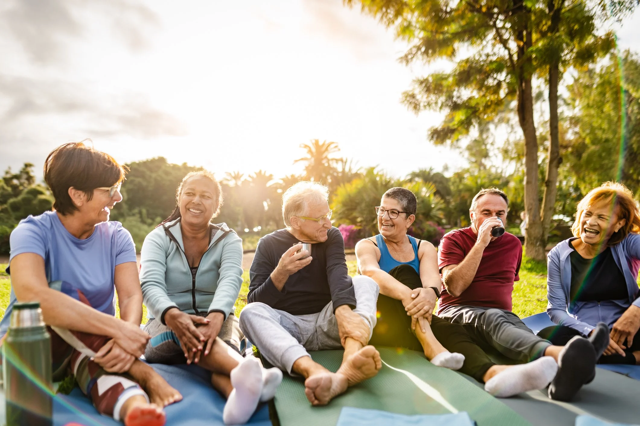 Group of diverse people sitting outside on grass, laughing and talking, with trees and sunlight in the background.