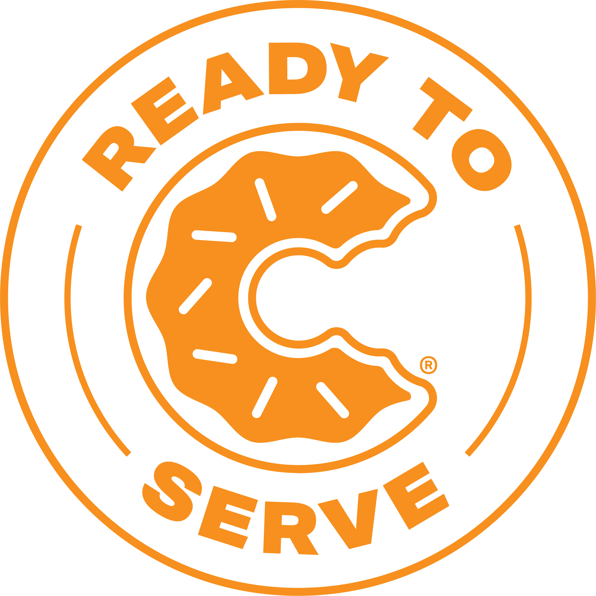 Orange logo featuring a stylized donut with sprinkles and the text 'READY TO SERVE' around it.