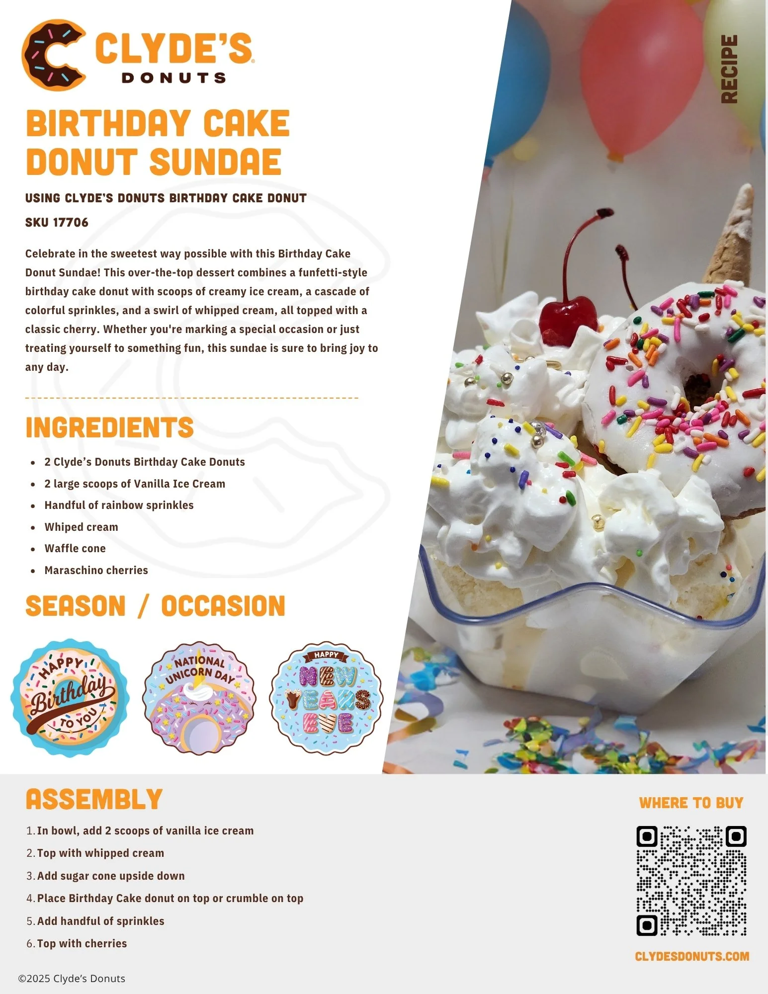 Clyde's Donuts Birthday Cake Donut Sundae recipe flyer with ingredients, assembly instructions, and decorative balloons background.