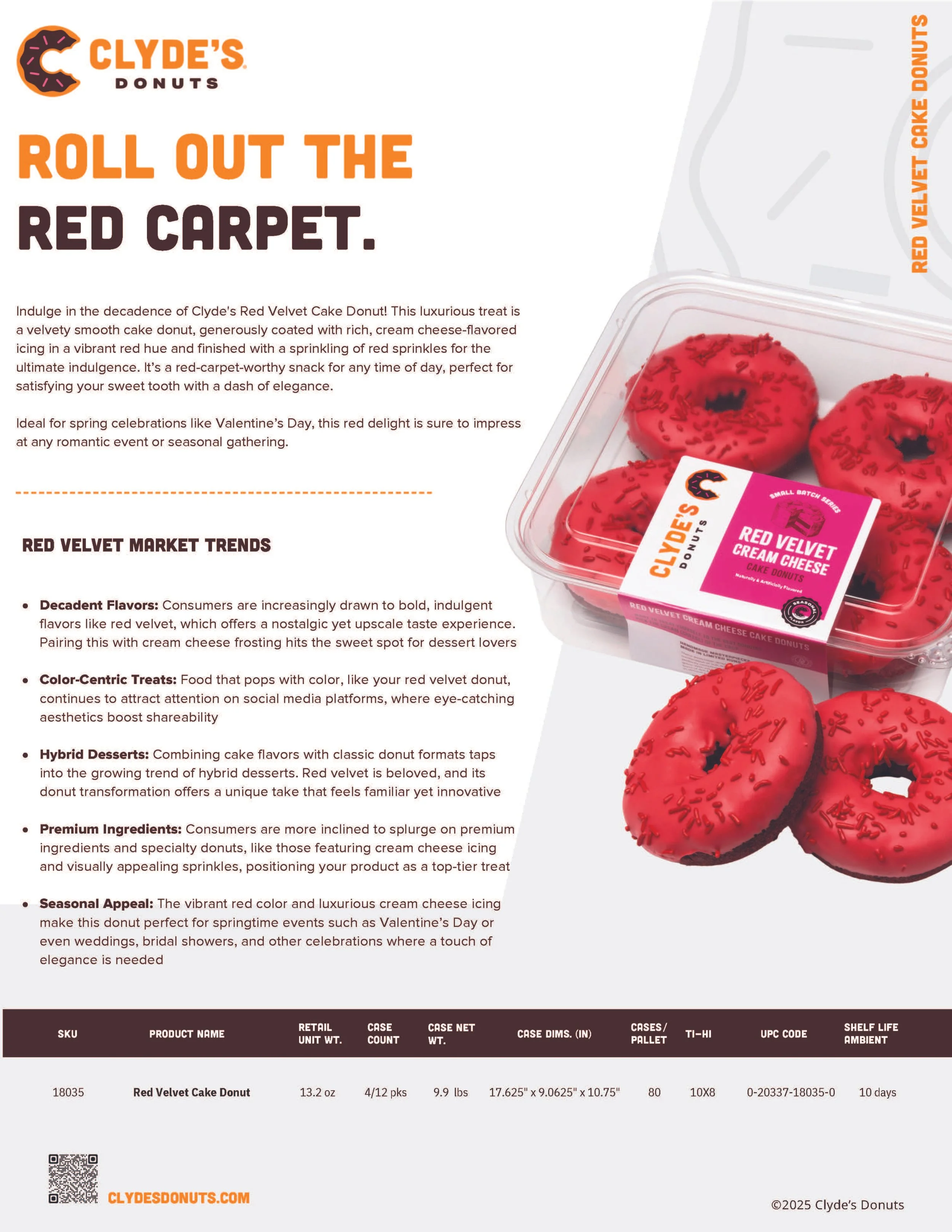 Promotional flyer for Clyde's Donuts featuring red velvet cake donuts with cream cheese icing. Includes product details, market trends, and appealing visuals of the red donuts in a package.