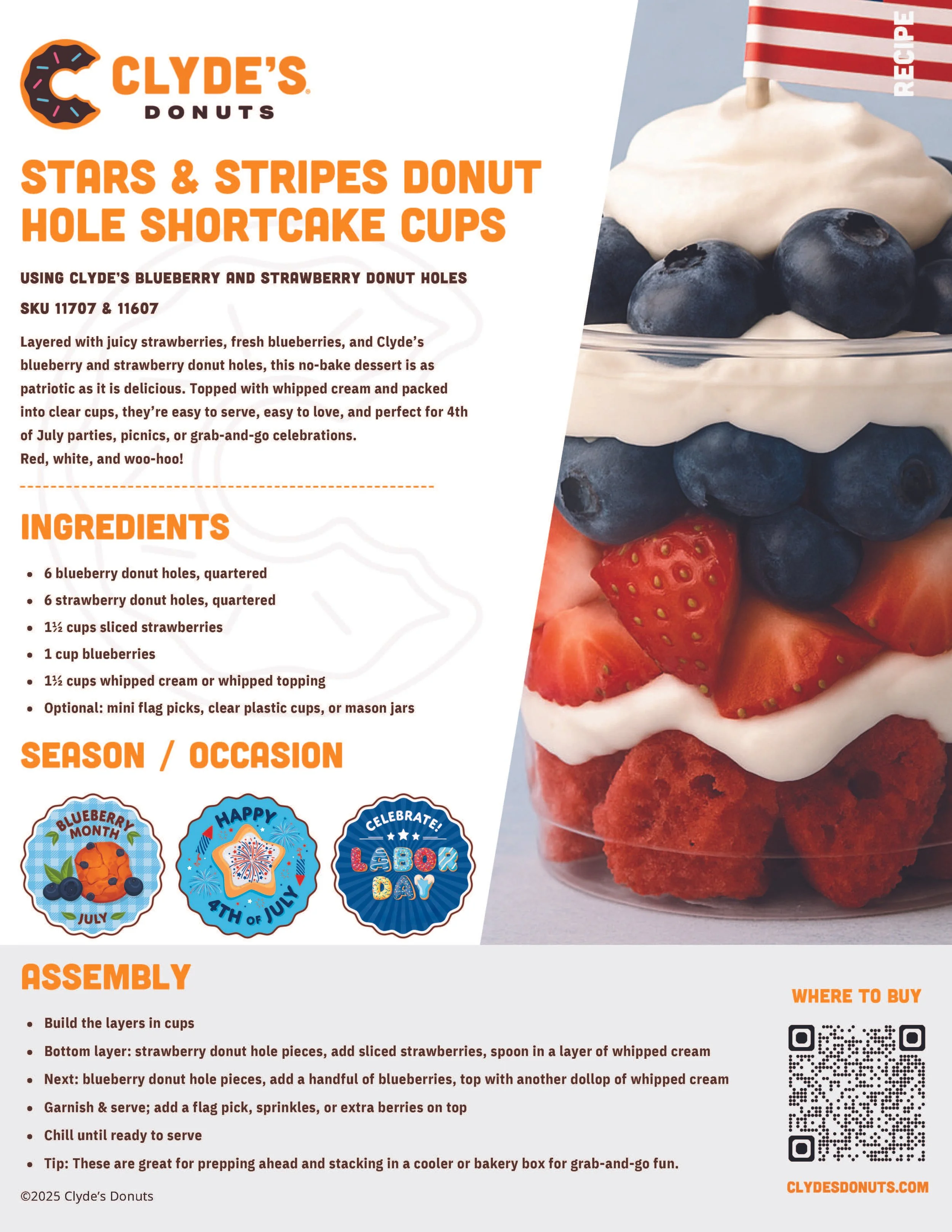 Recipe for Stars & Stripes Donut Hole Shortcake Cups with ingredients including blueberry and strawberry donut holes, sliced strawberries, blueberries, whipped cream, and optional flags or jars for decoration, along with assembly instructions and seasonal icons for July 4th and patriotic celebration.
