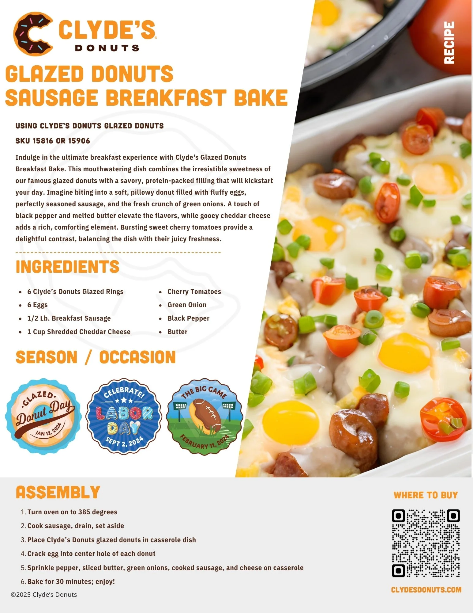 Recipe card for Clyde's Donuts Glazed Donuts Sausage Breakfast Bake. Ingredients include glazed donuts, eggs, sausage, cheddar cheese, cherry tomatoes, green onion, black pepper, and butter. Instructions provided for assembly and baking. Features Clyde's Donuts logos and suggests occasions for making the dish, such as Glazed Donut Day and Labor Day.