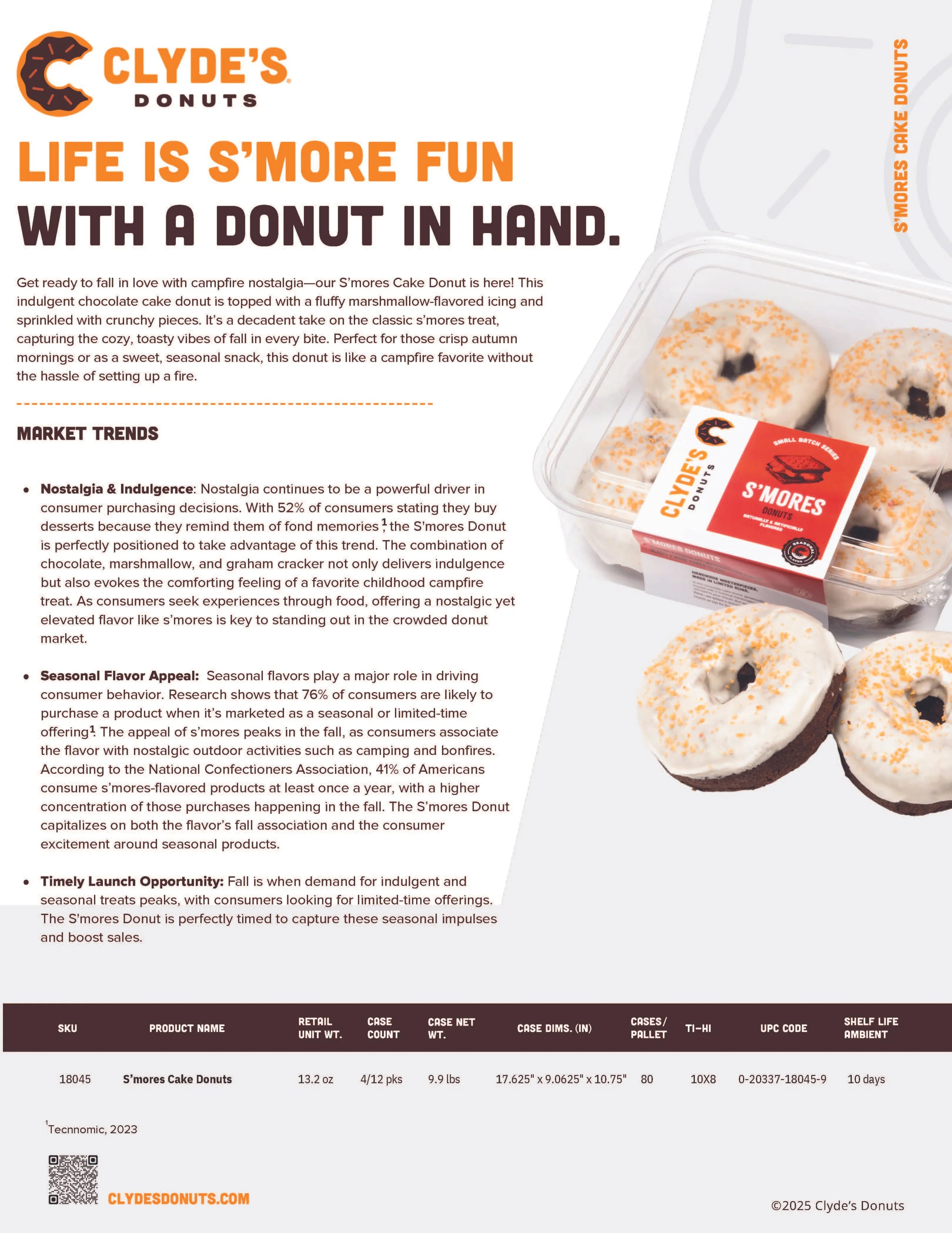 Promotional flyer for Clyde's Donuts featuring S'mores Cake Donuts. The flyer highlights the nostalgic appeal and seasonal flavor of the chocolate cake donuts topped with marshmallow-flavored icing and graham cracker pieces. Image includes a packaged tray of donuts and discusses market trends related to indulgence, flavor appeal, and timely launch opportunities.