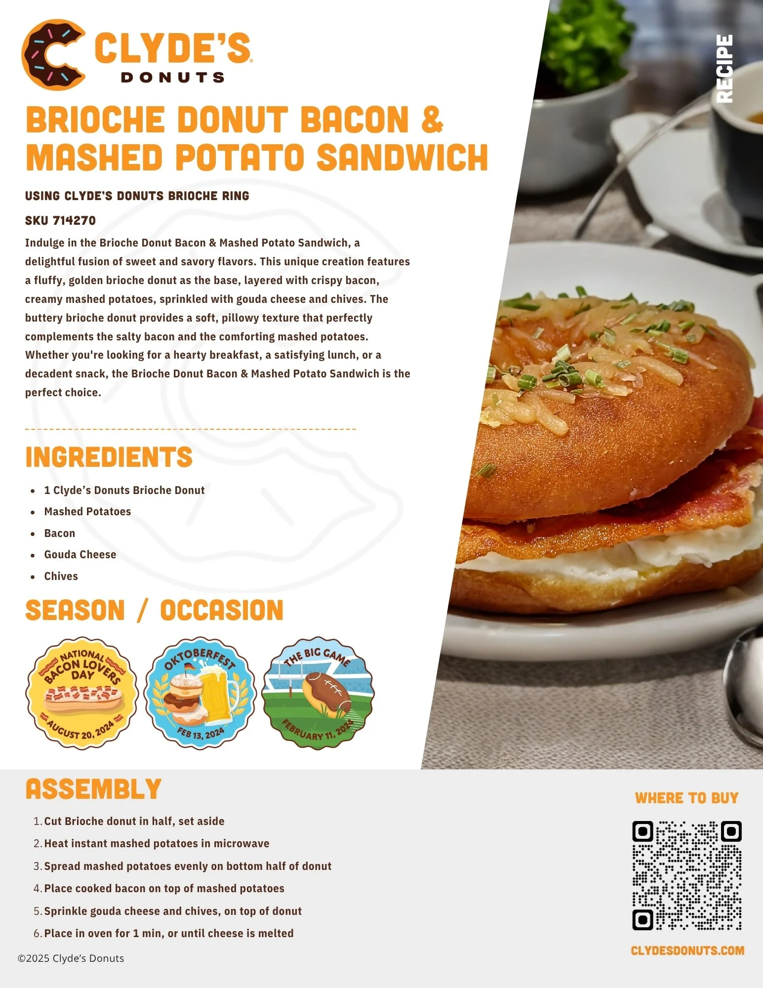 Recipe for Brioche Donut Bacon & Mashed Potato Sandwich with ingredients, seasonal occasions, and assembly instructions.