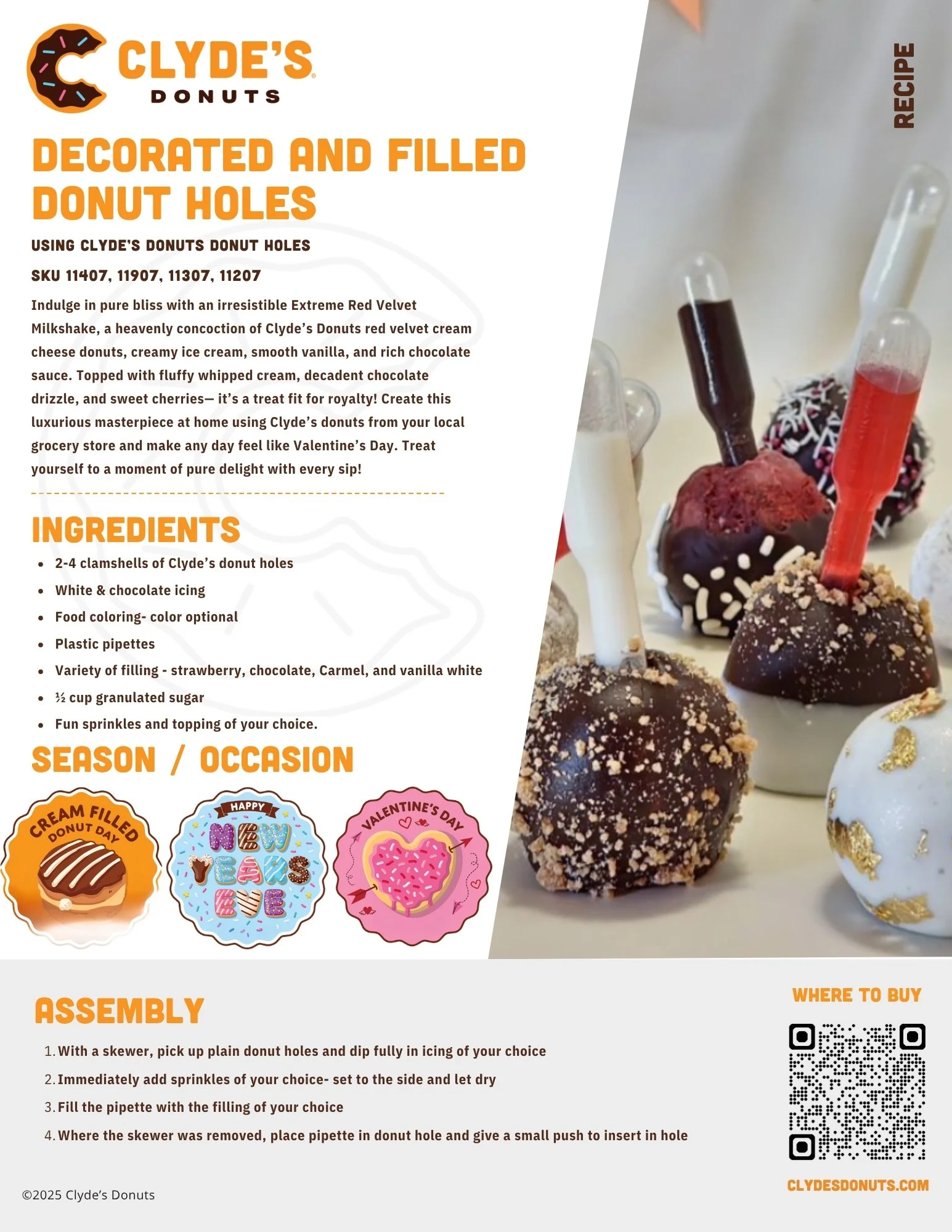 Recipe for decorated and filled donut holes by Clyde's Donuts, featuring ingredients like donut holes, icing, sprinkles, and filling. Includes instructions for assembly and an image of decorated donut holes with pipettes.