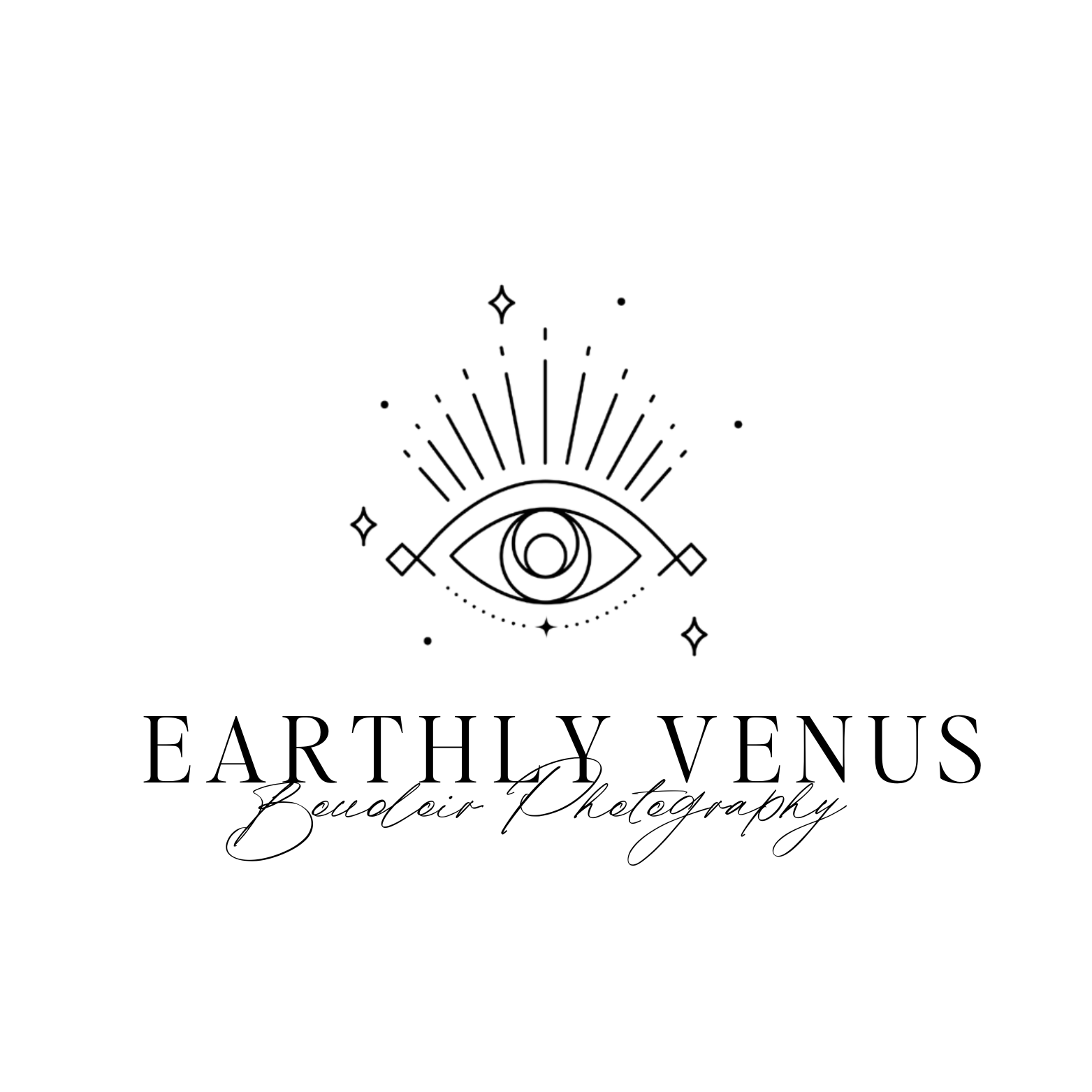 A black background with a white line drawing of an eye with rays and sparkles around it.