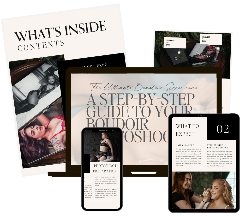 Various marketing materials and guides for a boudoir photography experience, including a booklet titled 'A Step-by-Step Guide to Your Boudoir Photoshoot,' a phone screen showing 'Photoshoot Preparation,' and other printed and digital guides featuring images of women.