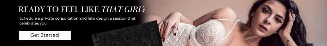 Elegant woman in white lace lingerie with CTA text “Ready to Feel Like That Girl? Schedule a private consultation”