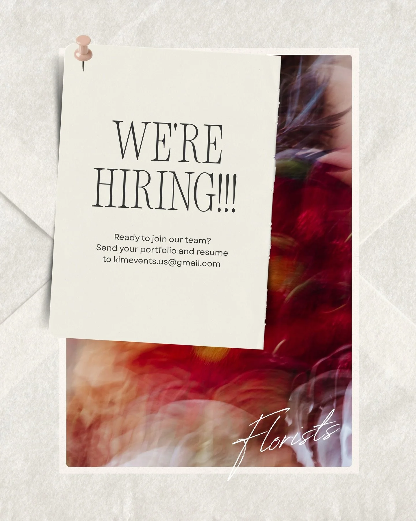 We&rsquo;re growing and we&rsquo;re looking for the hands that help make it happen. Kim Events is hiring a full-time FLORIST to join our team. If you have a passion for floral design and love the energy of events, we want to hear from you.

Position 