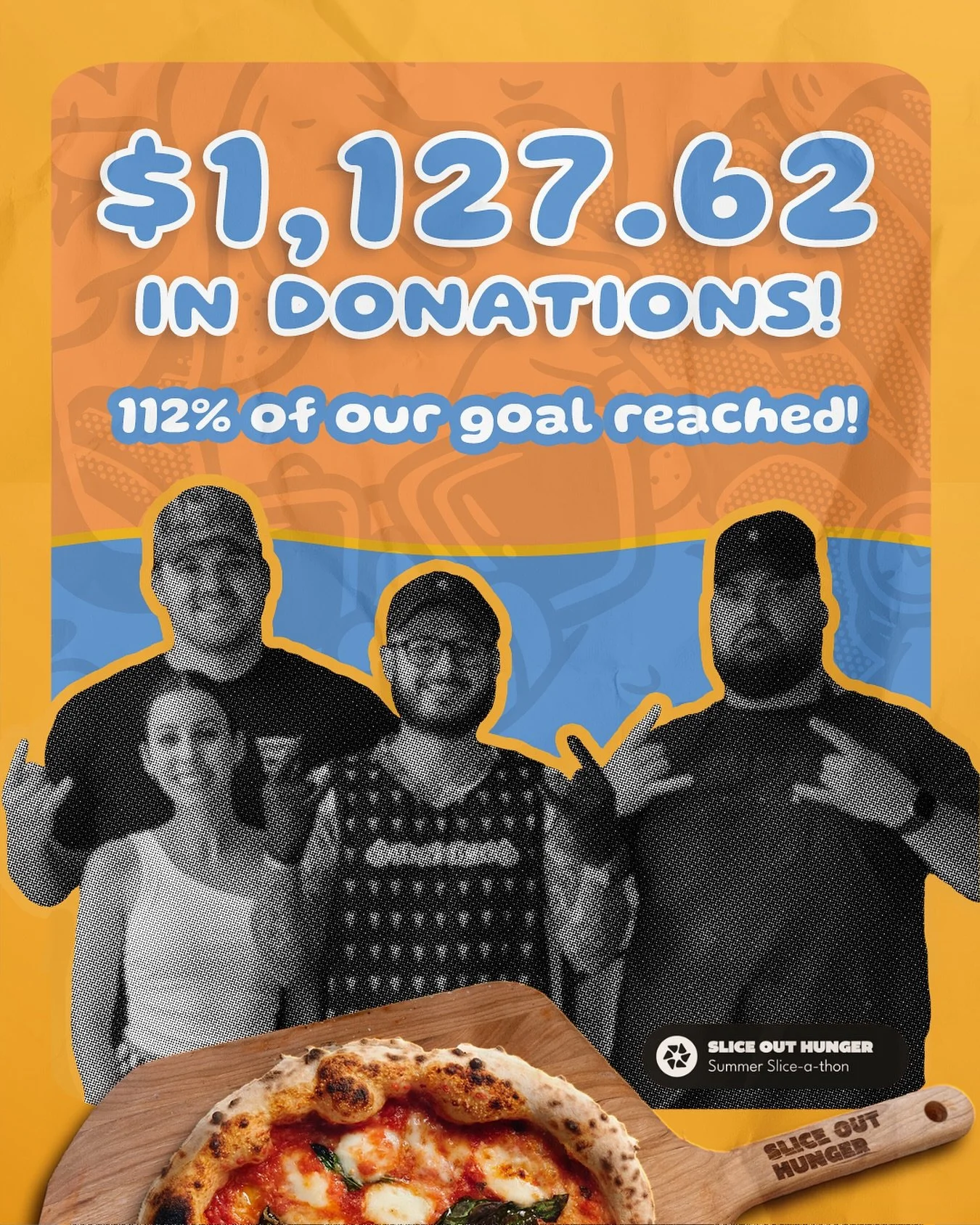 Huge thanks and congratulations to everyone who contributed to our fundraiser! 🍕 
Thanks to your incredible generosity, we didn’t just meet our goal, we surpassed it and reached 112% of our target! 💪 
We are so grateful for your support and