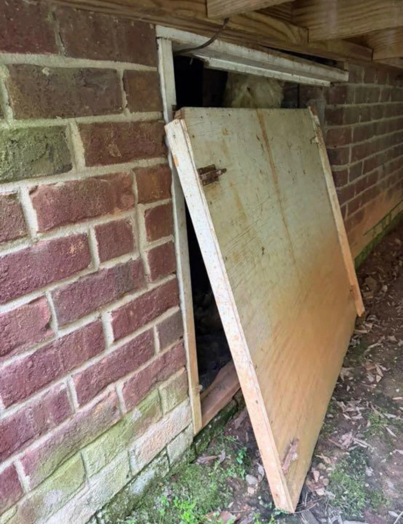 Close view of a wood access panel and its hinges beside a brick foundation.