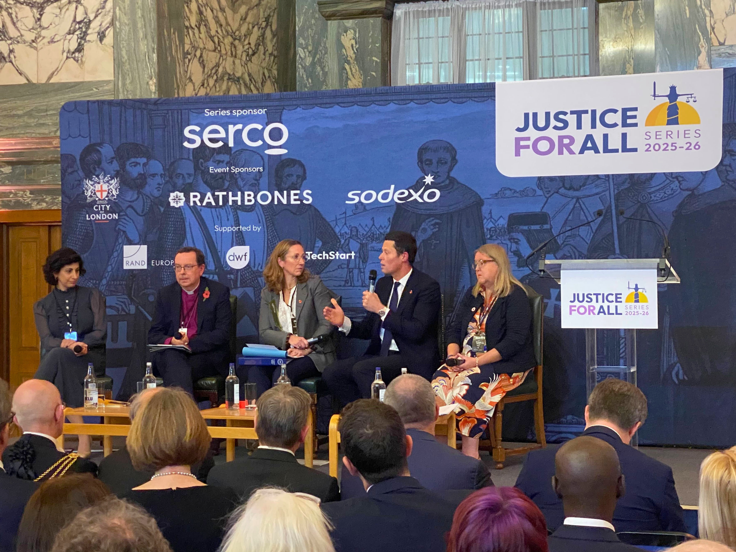 London, U.K.: RBIJ CEO Maha Jweied (left) speaks on the opening panel for the "Justice for All Series" at the Old Bailey.